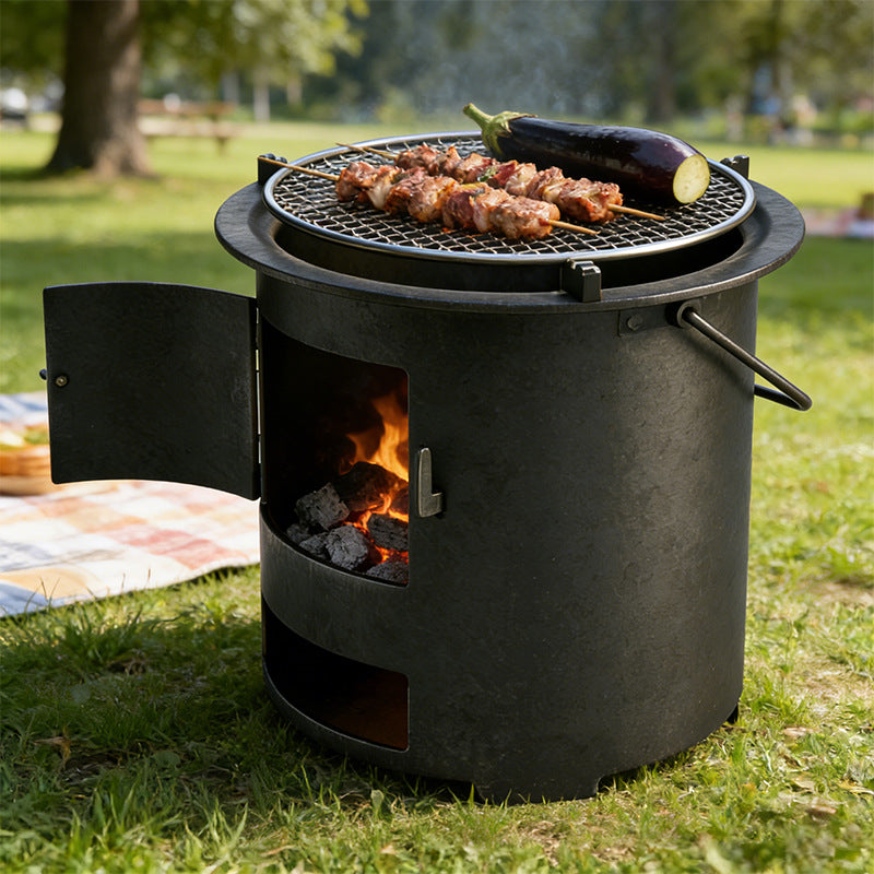 🔥 Heavy-Duty Camping Stove: Carbon Steel, Wood & Charcoal, High-Draft Airflow, 3-in-1 Cook