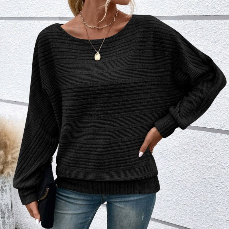 Solid Round-Neck Striped Top with Long Sleeves