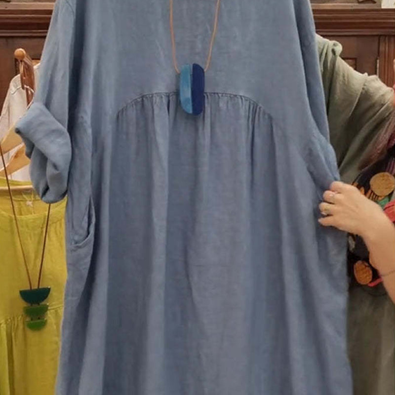 💃Women's Casual Loose Round Neck Solid Color Dress with 3/4 Sleeves & Pockets
