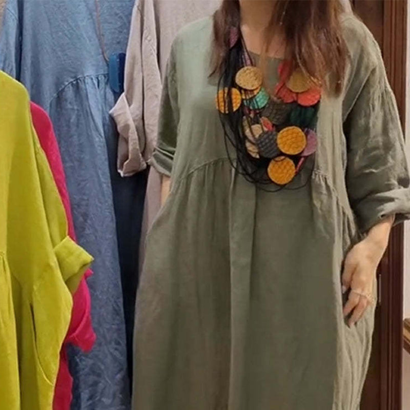 💃Women's Casual Loose Round Neck Solid Color Dress with 3/4 Sleeves & Pockets