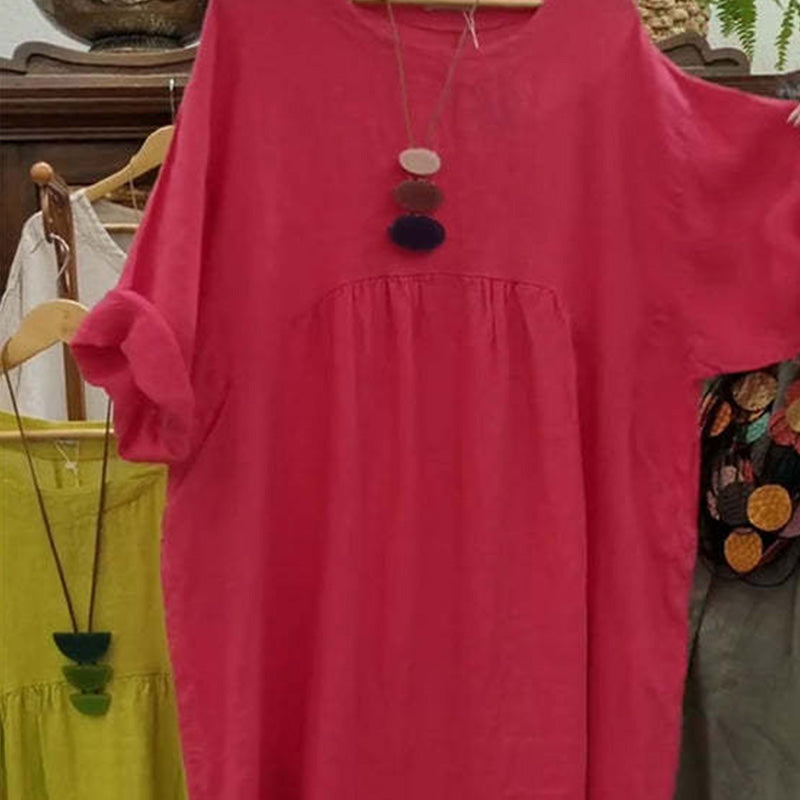 💃Women's Casual Loose Round Neck Solid Color Dress with 3/4 Sleeves & Pockets