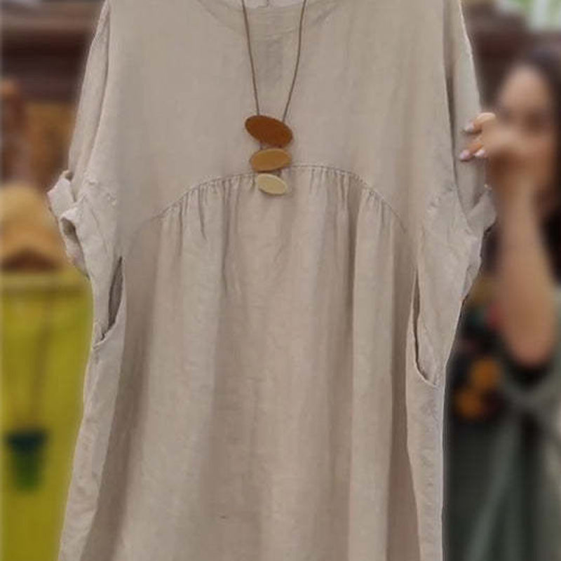 💃Women's Casual Loose Round Neck Solid Color Dress with 3/4 Sleeves & Pockets