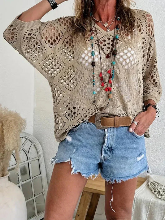 ✨Womens Bohemian-Inspired Beige Crochet Top with V-Neck
