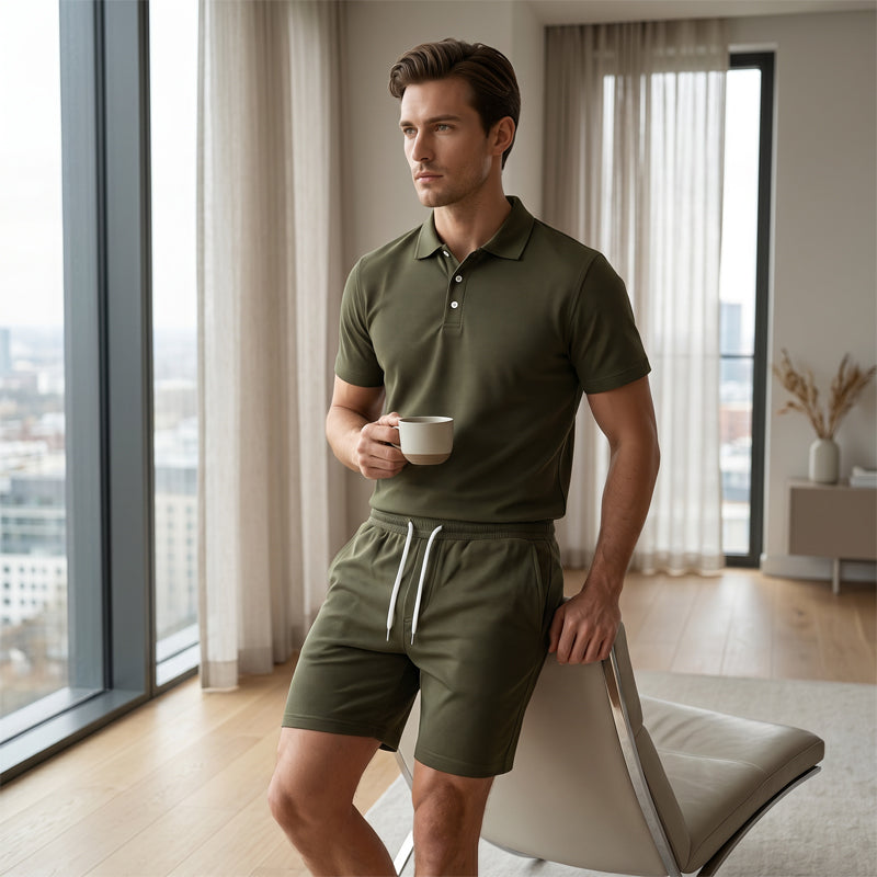 Men's Summer 2-Piece Collared Shirt & Shorts Set