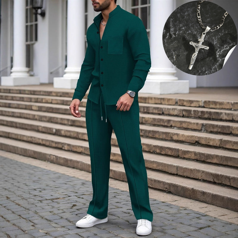 ⏳Time-Limited Special⏰Men’s Casual Waffle Shirt Pants 2-Piece Set