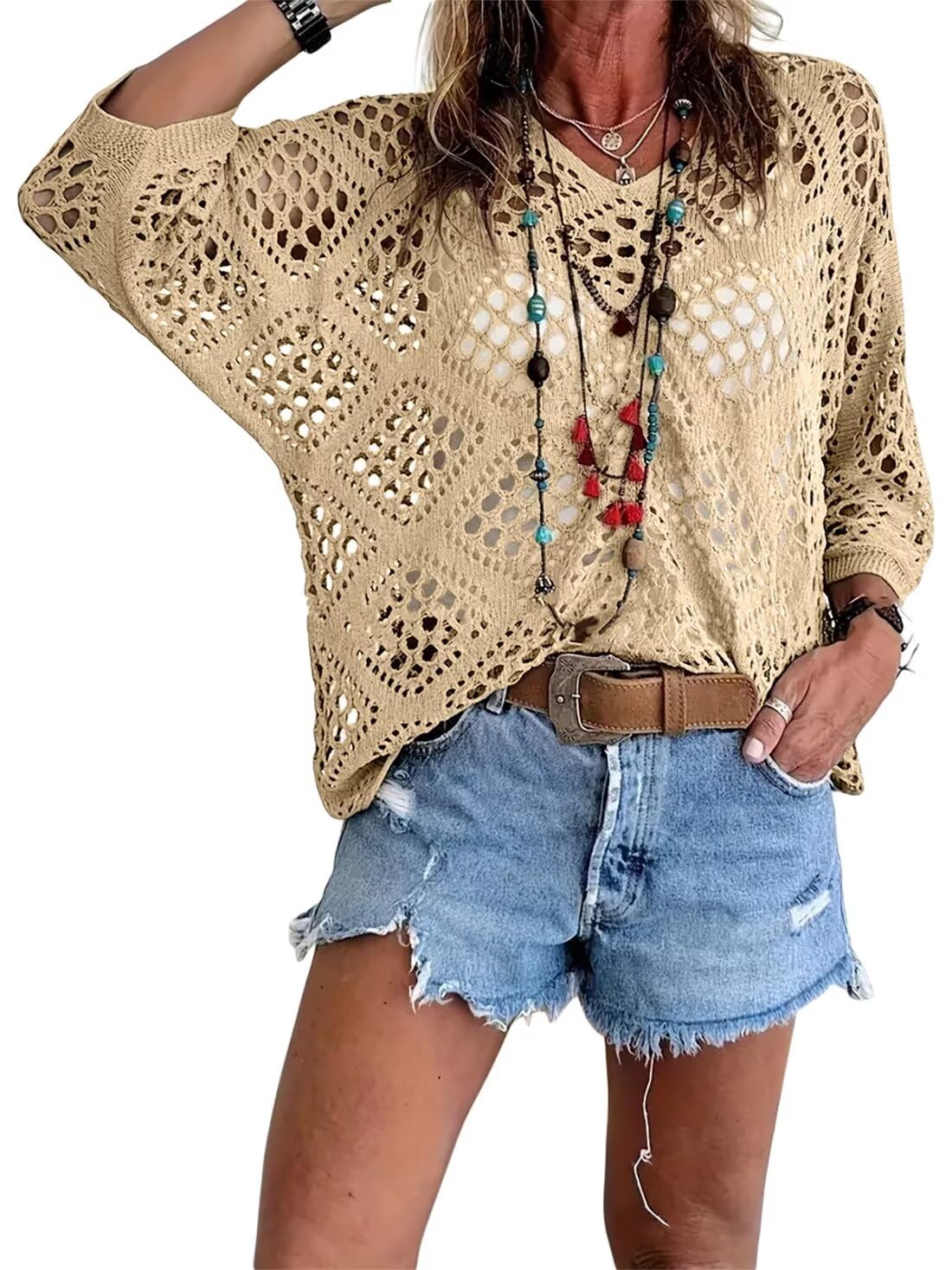 🥰Summer Sale💛Womens Bohemian-Inspired Beige Crochet Top With V-Neck