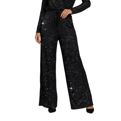 Women's Sequin Sparkle Wide Leg Pants with Elastic Waistband