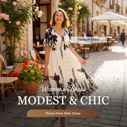 💥Soft Botanical Print V-Neck Midi Dress – Elegant, Lightweight & All-Match