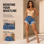 High-Waisted Diagonal-Button Design Raw Edge Ripped Denim Shorts