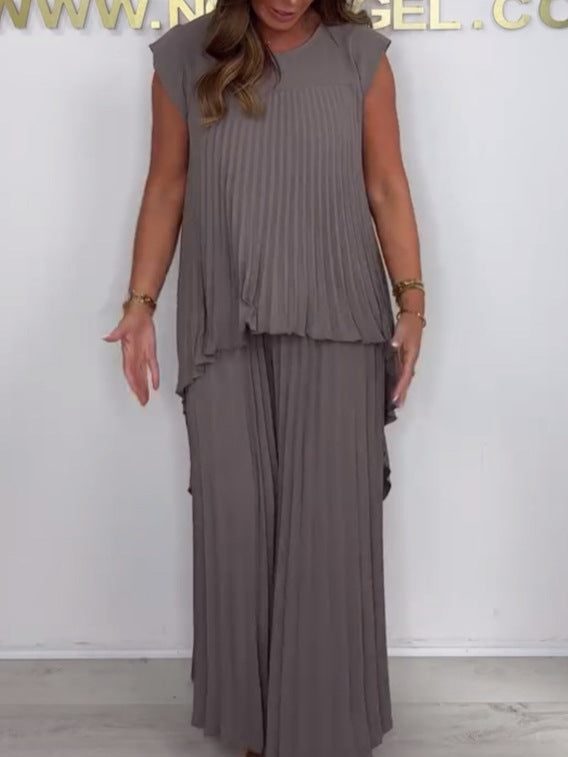 👗Laney Pleated Short Sleeve Irregular Midi Top and Elastic Waist Wide Leg Pants Set✨