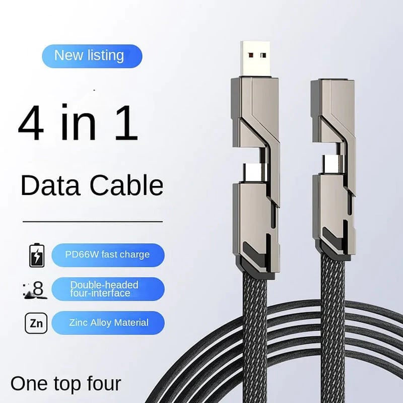4-in-1 USB C Cable Lightning Cable 100W [Fast Charging & Data Sync] Flat Braided Multi iPad Charger Cord Combo Lightning/Type C/USB A Ports