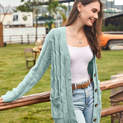Women's Fall Casual Long Sleeve Button Down Open Front Cable Knit Cardigan Sweater Coat
