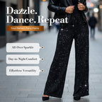 Women's Sequin Sparkle Wide Leg Pants with Elastic Waistband