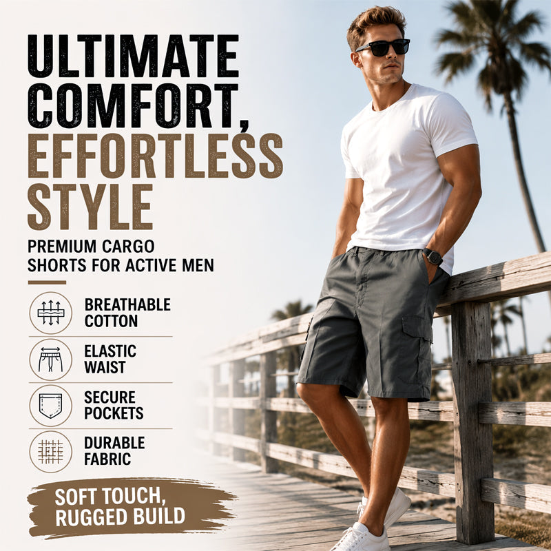Men's Cargo Shorts – Elastic Waist, Multi-Pocket, Durable 🍁