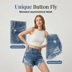 High-Waisted Diagonal-Button Design Raw Edge Ripped Denim Shorts