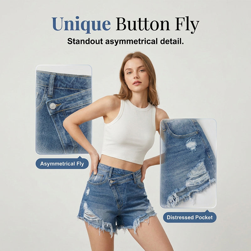 High-Waisted Diagonal-Button Design Raw Edge Ripped Denim Shorts