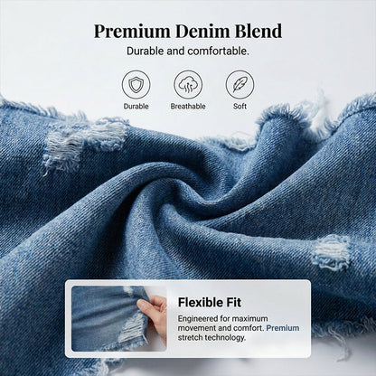 High-Waisted Diagonal-Button Design Raw Edge Ripped Denim Shorts