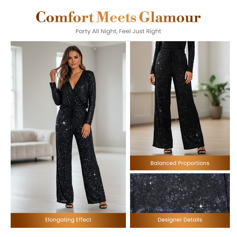 Women's Sequin Sparkle Wide Leg Pants with Elastic Waistband