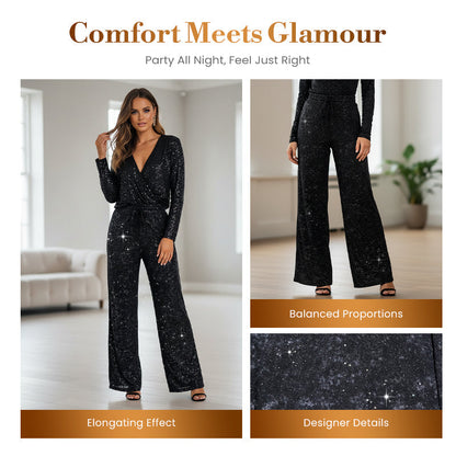 Women's Sequin Sparkle Wide Leg Pants with Elastic Waistband