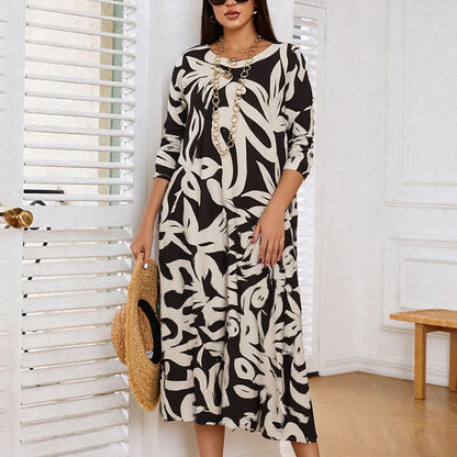 Elegant Printed Dress for Women – Stylish & Comfortable Fit👗Women’s Elegant Loose Round-Neck Printed Dress