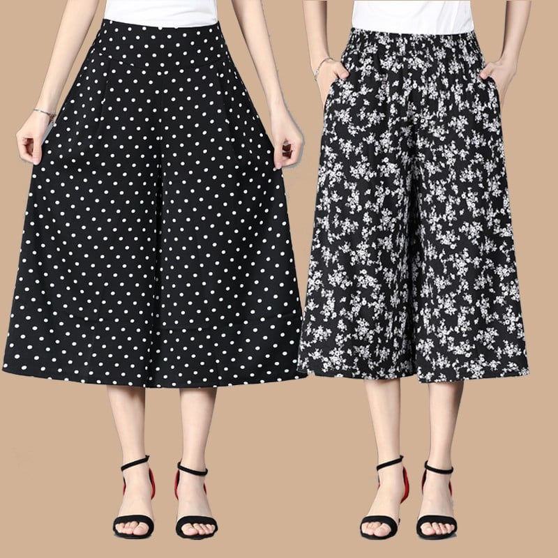 🔥Women's High Elastic Waist Pleated Chiffon Wide Leg Culottes