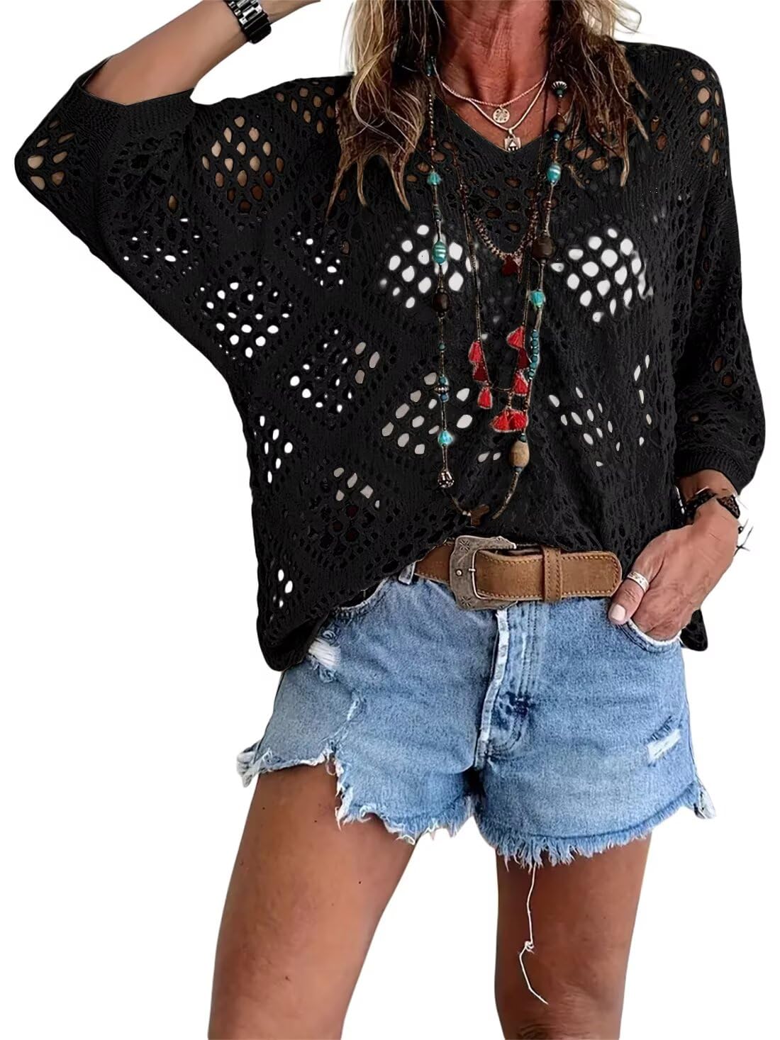 🥰Summer Sale💛Womens Bohemian-Inspired Beige Crochet Top With V-Neck
