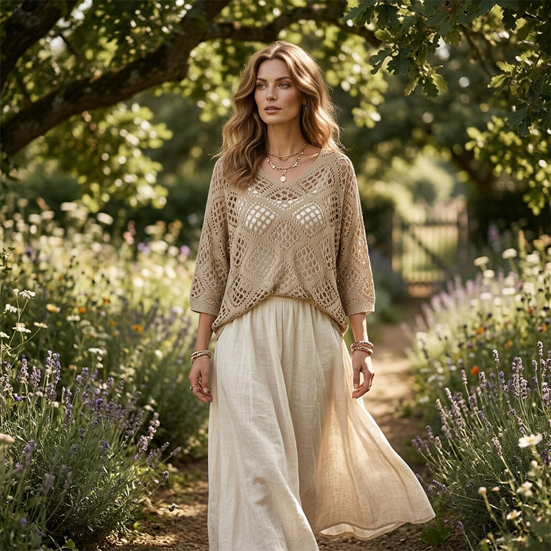🥰Summer Sale💛Womens Bohemian-Inspired Beige Crochet Top With V-Neck