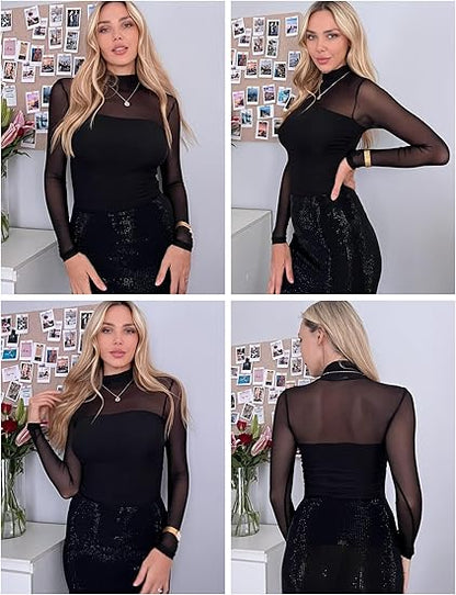🎉Women's Sparkle Mesh Sheer Long Sleeve Ruched Top