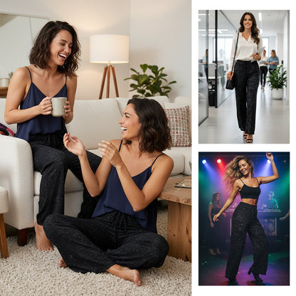 Women's Sequin Sparkle Wide Leg Pants with Elastic Waistband