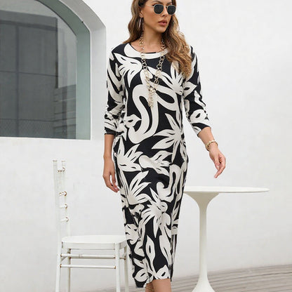 Elegant Printed Dress for Women – Stylish & Comfortable Fit👗Women’s Elegant Loose Round-Neck Printed Dress