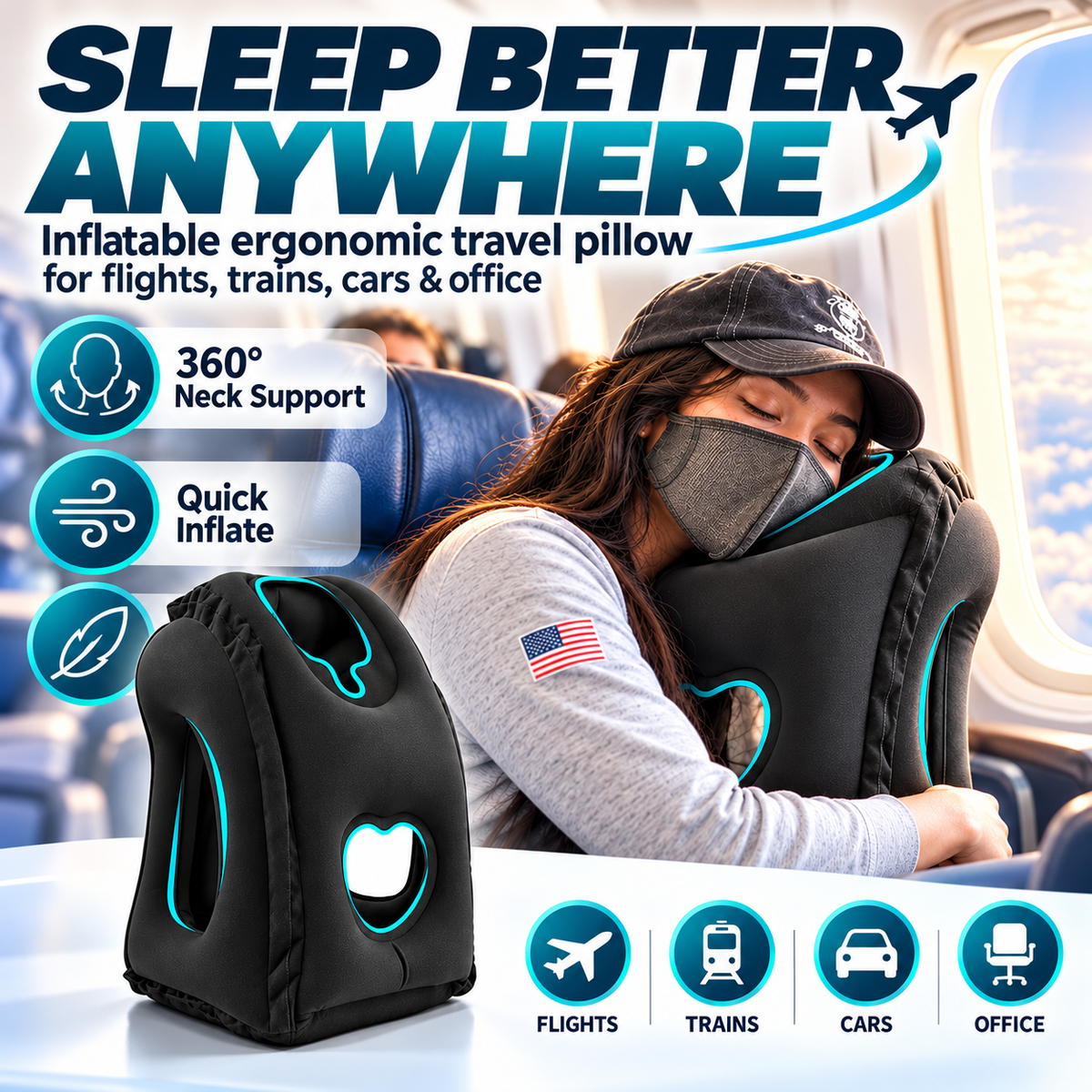Inflatable Ergonomic Hollow-Cutout Travel Pillow – PVC Flocking, Quick Inflate, With Storage Bag ✨