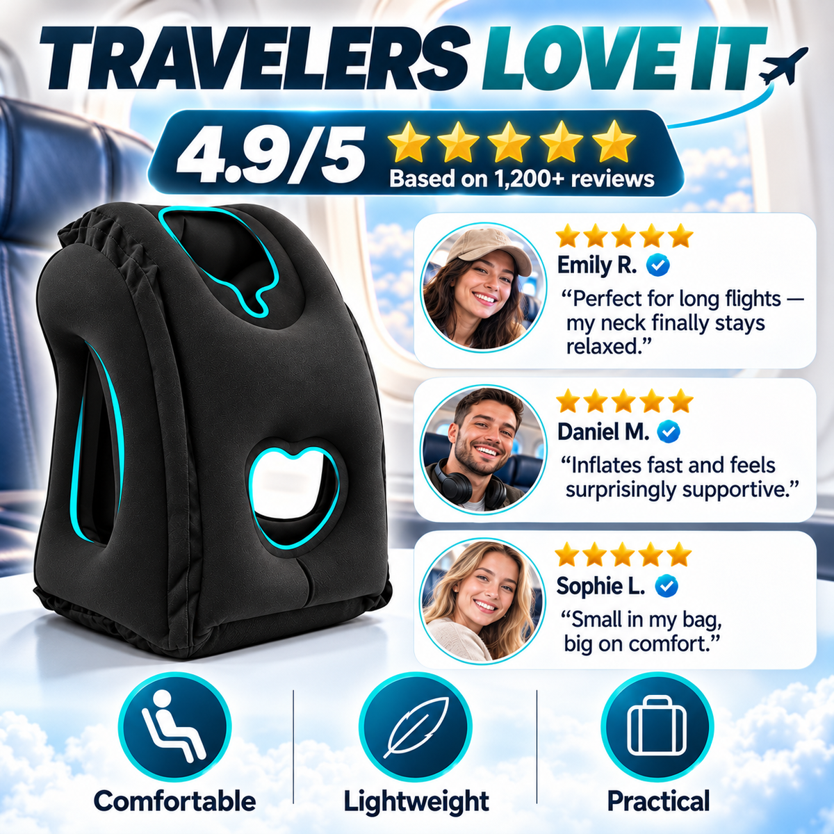 Inflatable Ergonomic Hollow-Cutout Travel Pillow – PVC Flocking, Quick Inflate, With Storage Bag ✨