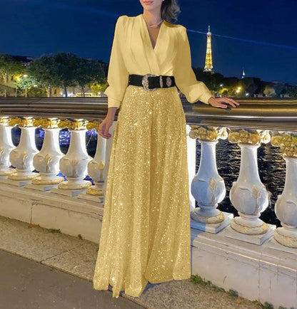 Elegant long-sleeved blouse with V-neckline and wide sequinned jumpsuit trousers