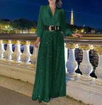 Elegant long-sleeved blouse with V-neckline and wide sequinned jumpsuit trousers