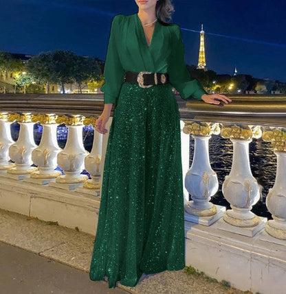 Elegant long-sleeved blouse with V-neckline and wide sequinned jumpsuit trousers