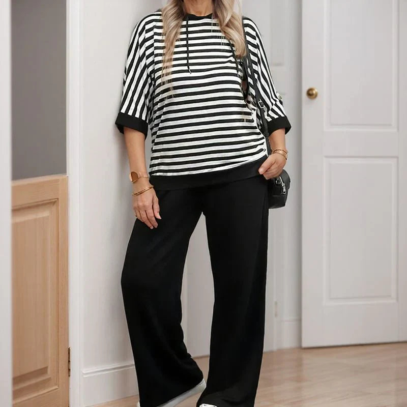 Women's Striped Top & Solid Pants Set