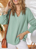 🔥Womens 3/4 Lantern Sleeve Casual V-Neck T-Shirts Pleated Loose Hollow-Out Blouse