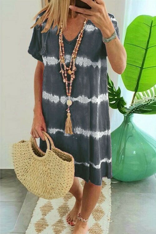 👗Tie-dye Striped Short-sleeved Loose T-shirt Dress