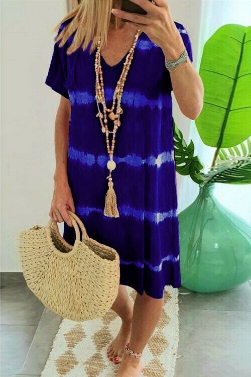 👗Tie-dye Striped Short-sleeved Loose T-shirt Dress