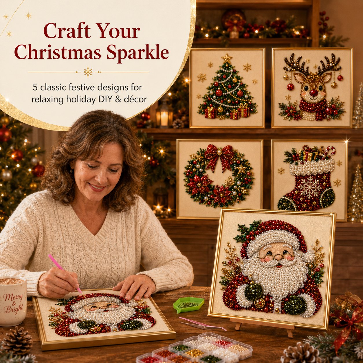 🎄✨ DIY Christmas Pearl Bead Art Kit – 5 Festive Designs, 3D Raised Beads & Display Frame Included | Holiday Wall Decor 🖼️🎨