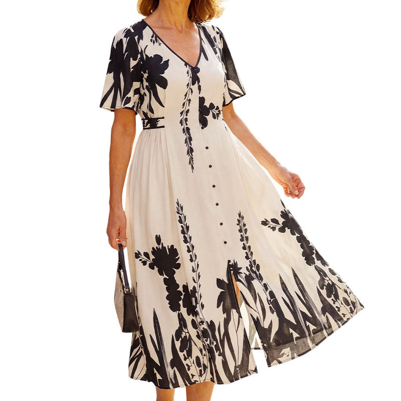💥Soft Botanical Print V-Neck Midi Dress – Elegant, Lightweight & All-Match