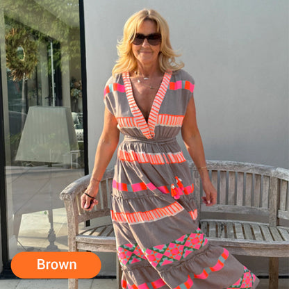💕Women's Loose V-Neck Vintage Stripe Pattern Sleeveless Dress