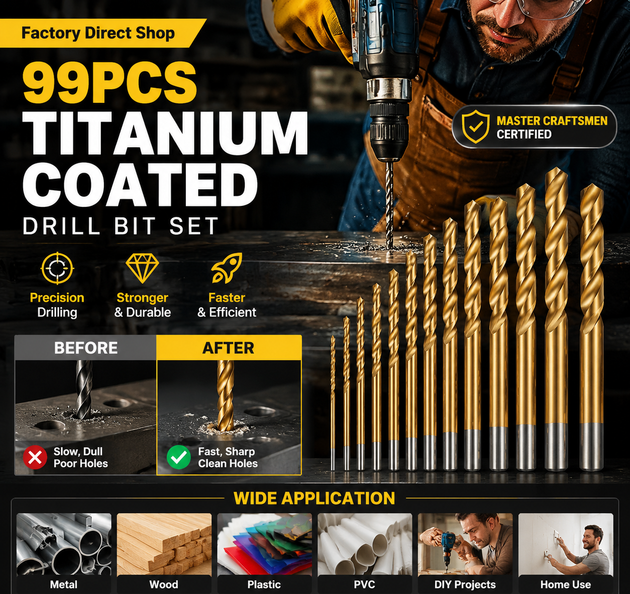 🔥High-efficiency tool favored by veteran craftsmen!Factory Outlet-99pcs Titanium Coated Drill Bit Set