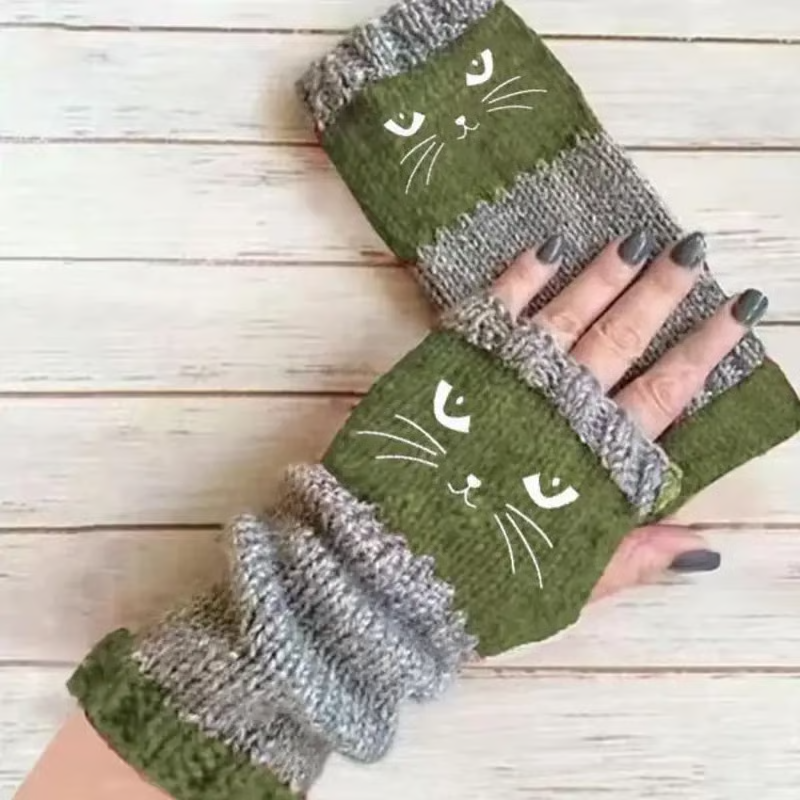 🐱 Cute Women’s Knitted Cat Gloves — For Warm Hands & Free Fingers🧶