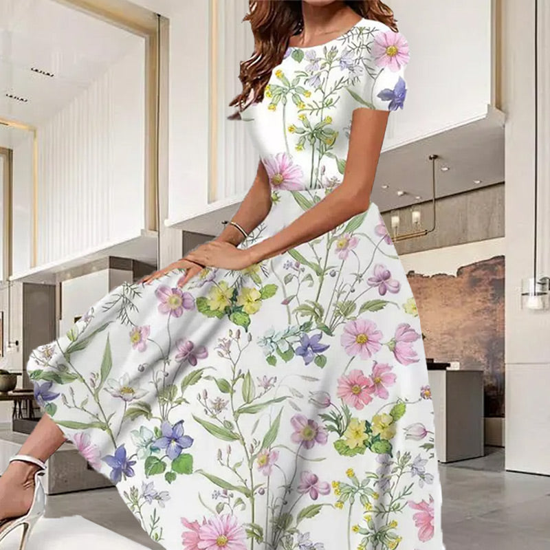 Sweet Floral Print Crewneck Short Sleeve Dress