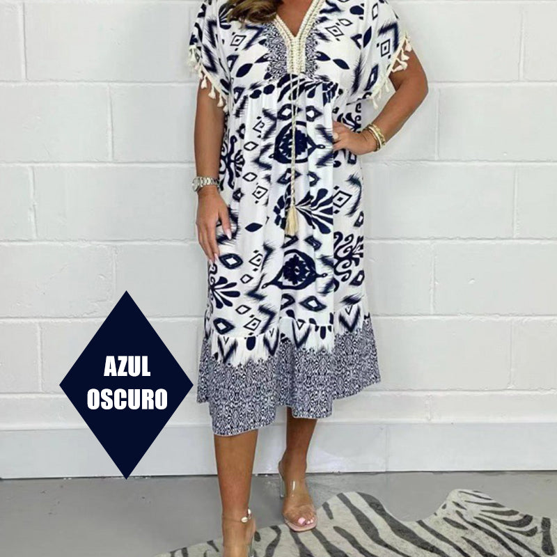 🌼Printed Casual Dress With V-Neckline and Fringes on the Short Sleeves