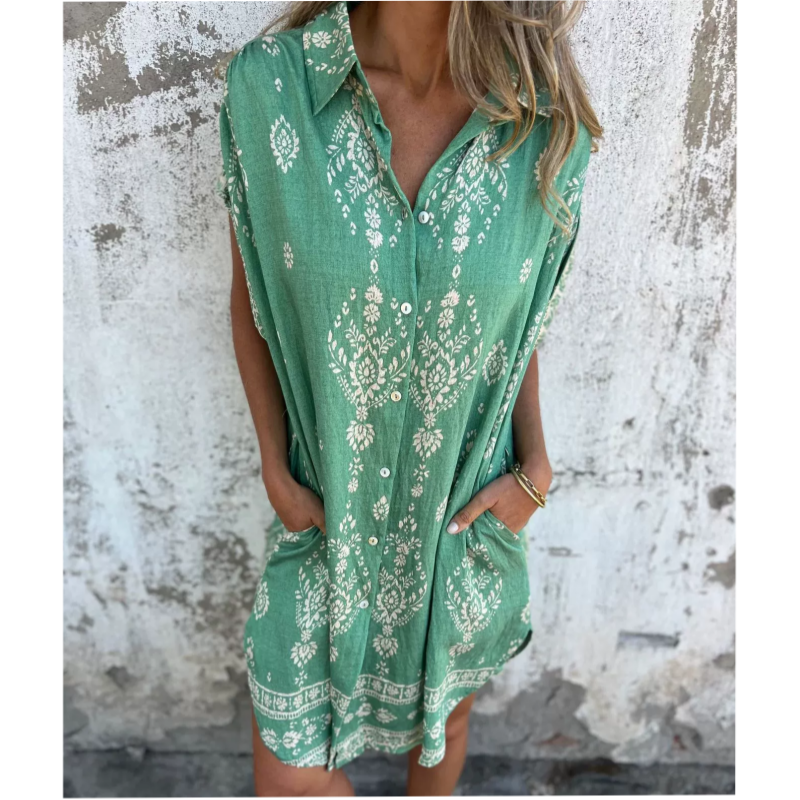 Loose-Fit Printed Short Sleeve Dress with Pockets