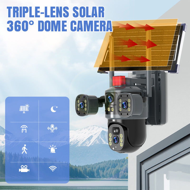 🎥 Triple-Lens Solar 360° Dome Camera