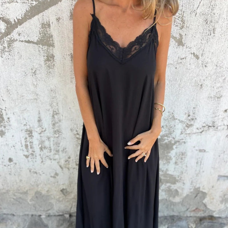 🌸Spring Specials💐 Women's Elegant Lace Trim V-Neck Spaghetti Strap Maxi Dress