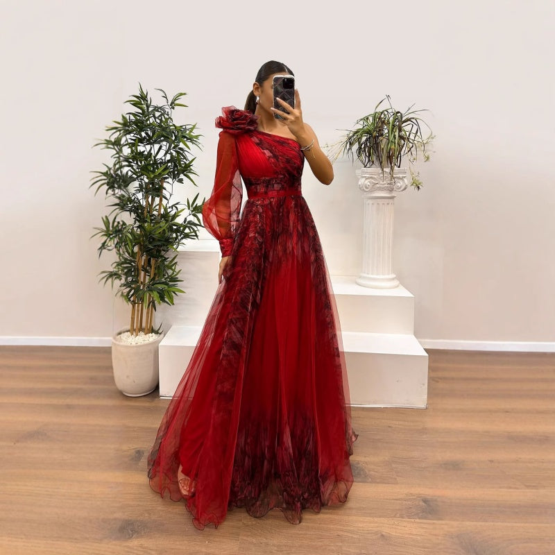 💥Women's Fashion Slant Shoulder Mesh Printed Dresses